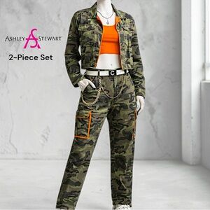 Ashley Stewart Camouflage Raw Hem Jacket & Cargo Pants Set